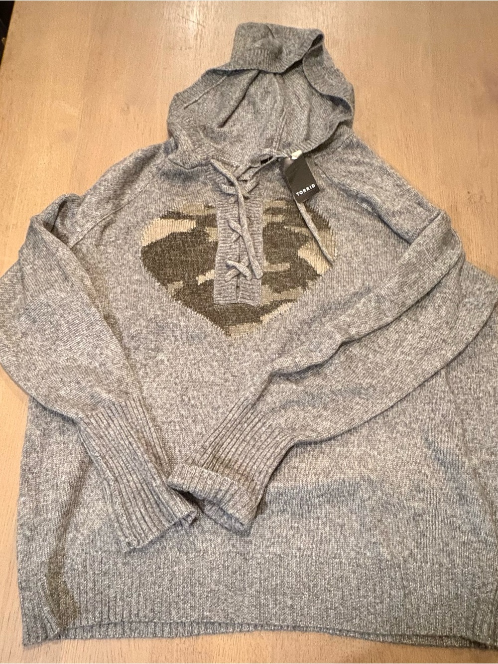 Torrid Heather Gray Knit Hoodie with Camo Heart Size 3